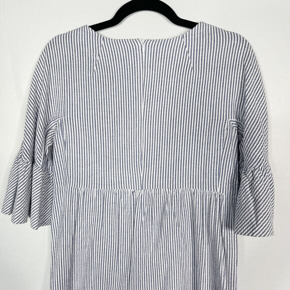 Kim and Proper XXS Blue White Seersucker Striped Short Bell Sleeve Dress Cotton - Picture 7 of 11